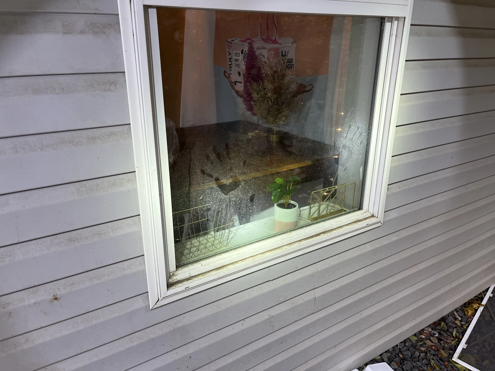 Exterior view of a window in gray siding, showing a table, wall decoration, plants and small containers inside.