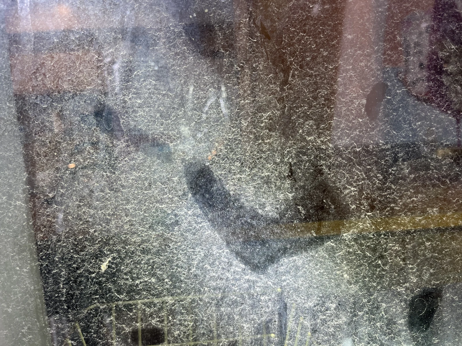 Close view of window glass covered with fine speckling and several dark smudged areas, with interior furnishings visible through it.