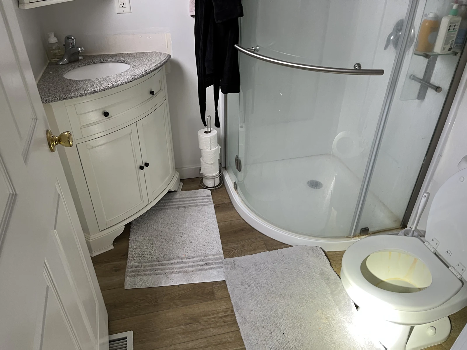 Bathroom showing a rounded shower enclosure, sink cabinet, bath mats and toilet, with a flashlight illuminating the floor.