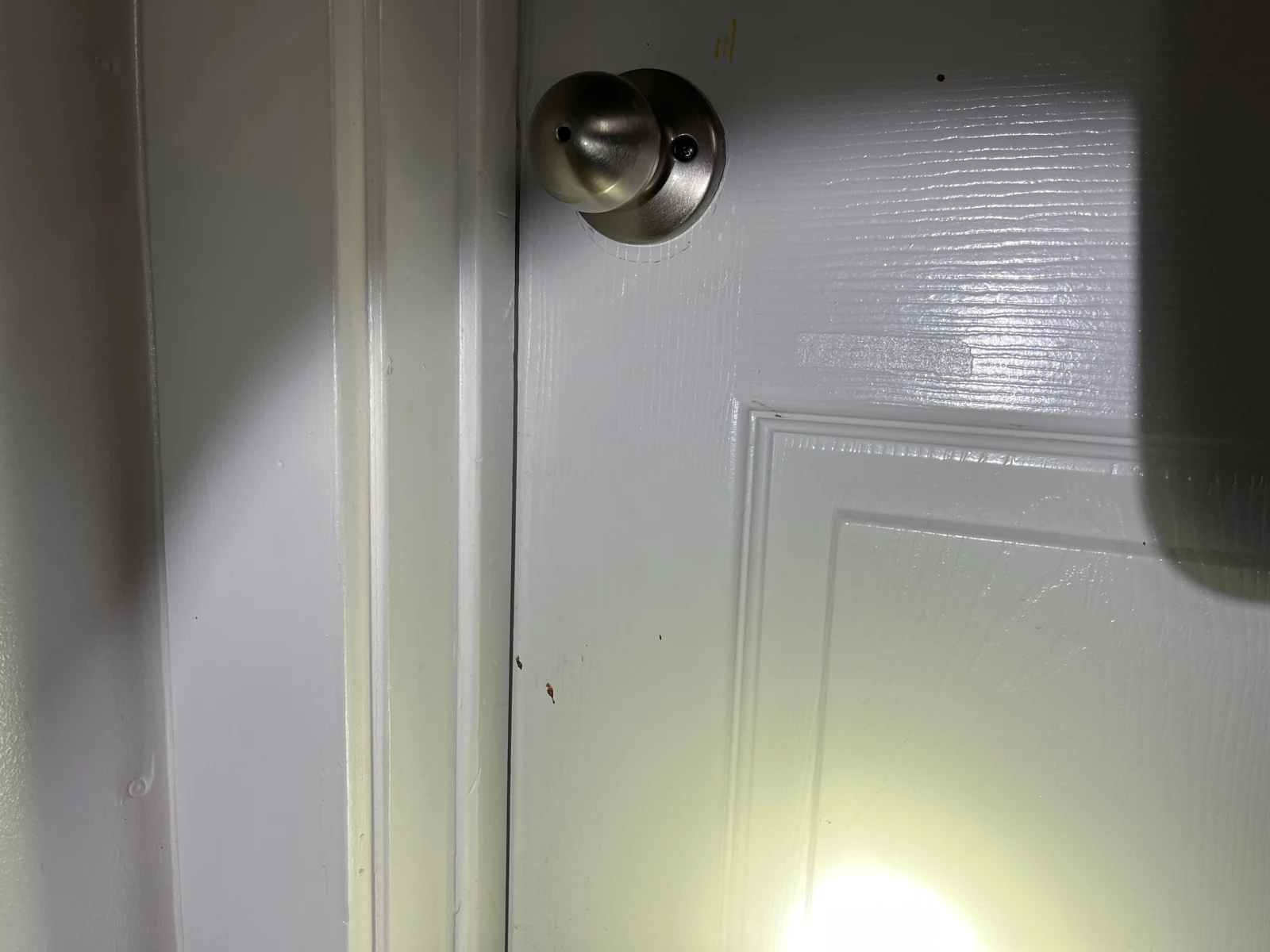 Close view of a white paneled door and round metal knob with flashlight glare on the lower panel.