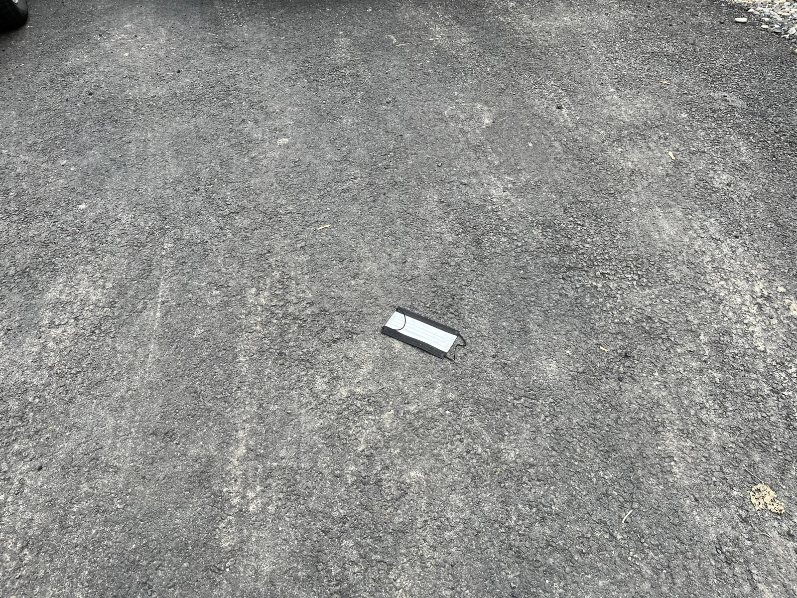 Small black-and-white disposable face mask lying on asphalt in a wide ground view.