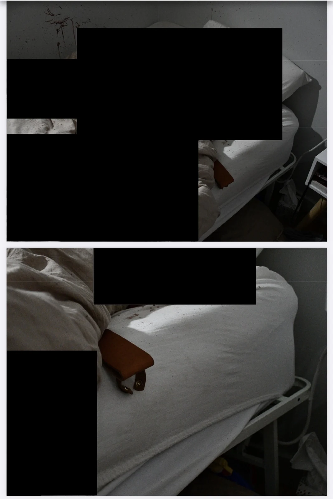 Two photographs of a bed with white bedding, a brown leather sheath near the edge, and large black redactions.