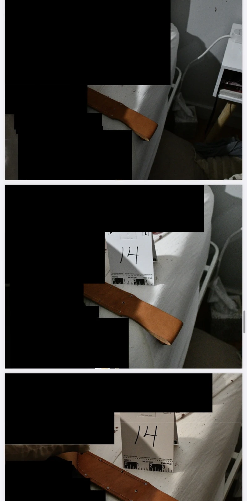 Three photographs of a brown leather sheath on a bed, including an evidence marker numbered 14 and large black redactions.
