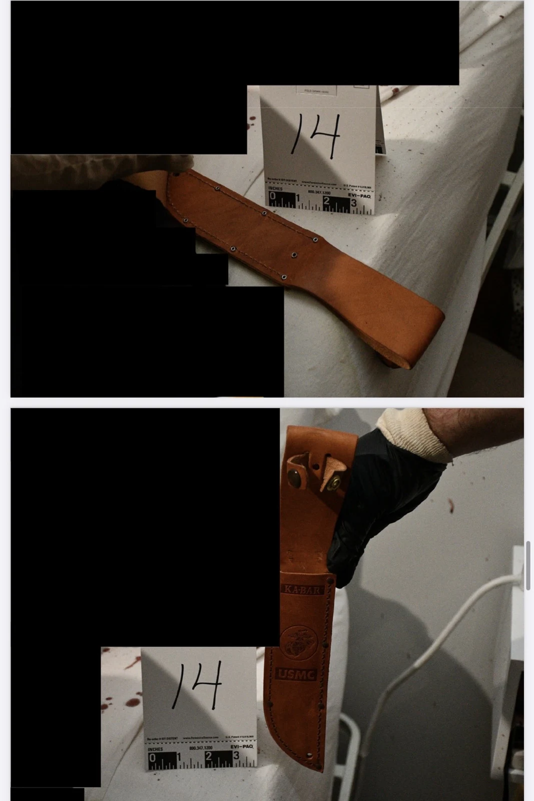 Two views of a brown leather sheath beside marker 14, on bedding and held by a black-gloved hand, with black redactions.