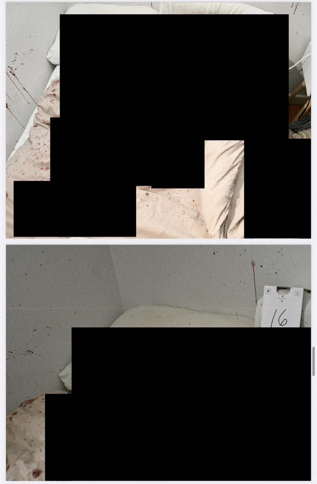 Two photographs of stained bedding and wall, mostly blacked out, with marker 16 visible in the lower image.