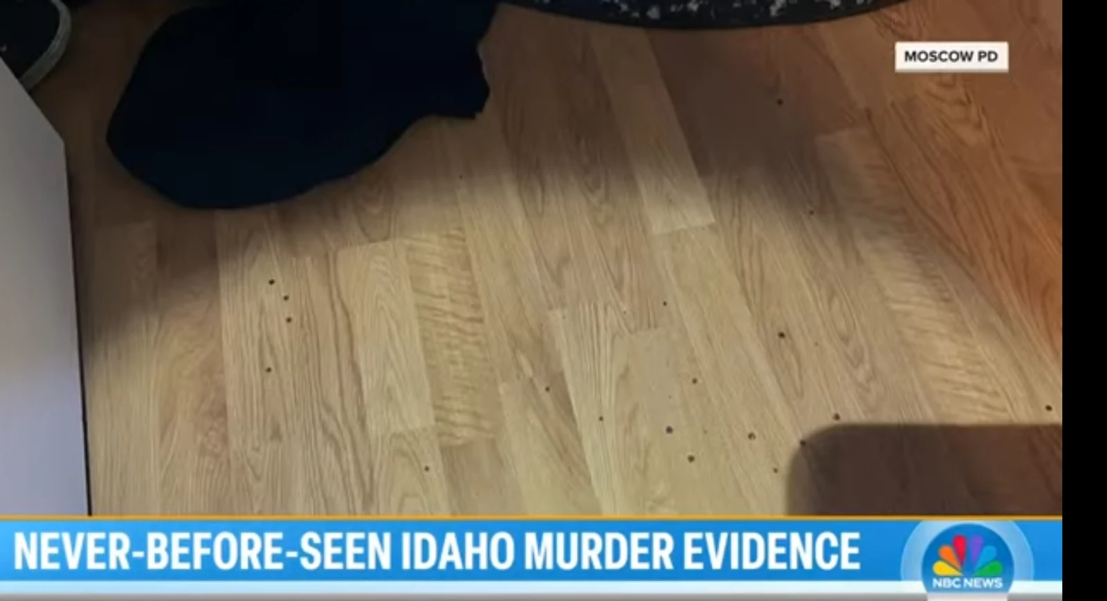 News screenshot of wood flooring with small dark spots and a dark fabric item near the top.