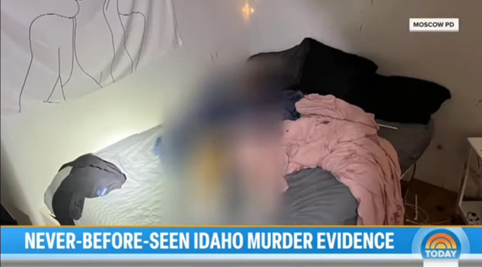 News screenshot of a bed with gray bedding, black pillows and a pink blanket, with a large blurred area.