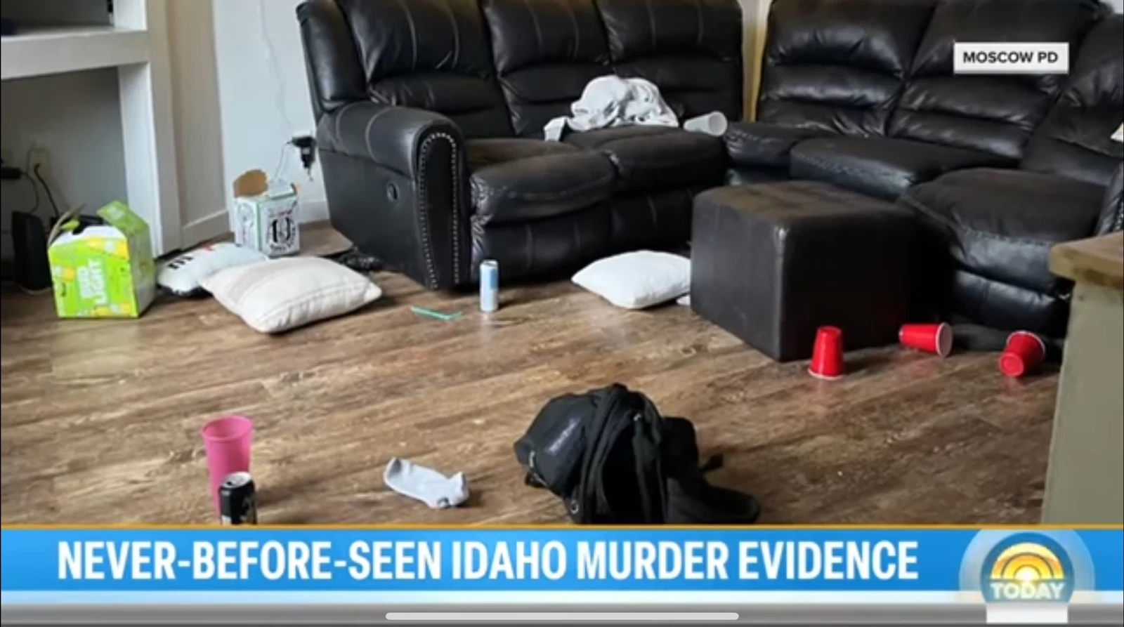 News screenshot of black leather seating and an ottoman, with pillows, red cups, a backpack and cans on the floor.
