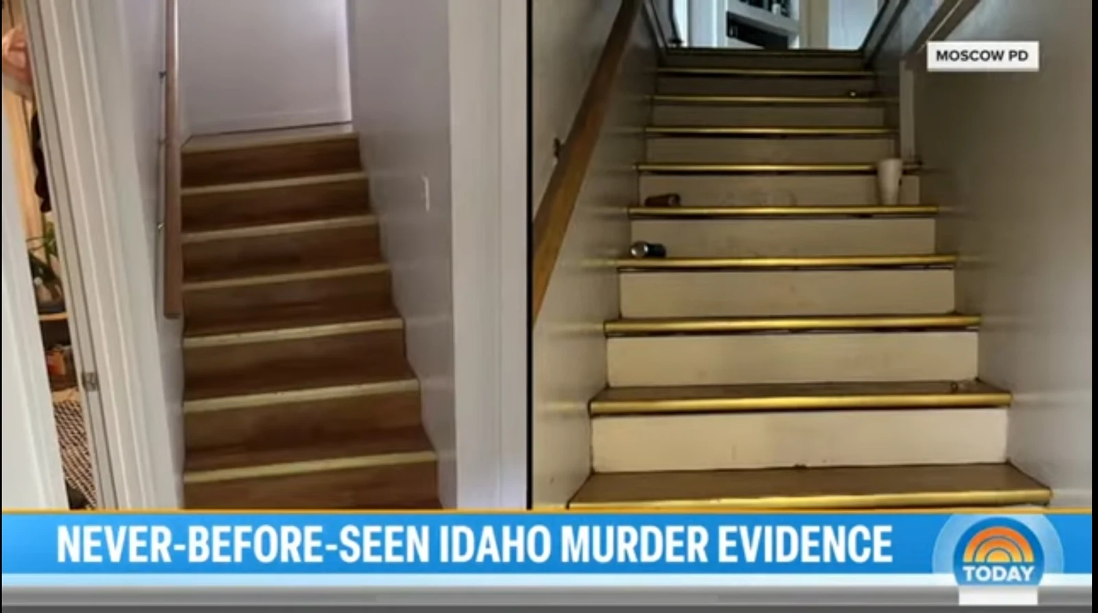 News screenshot comparing two indoor staircases, one with metal stair edges and loose objects on the steps.