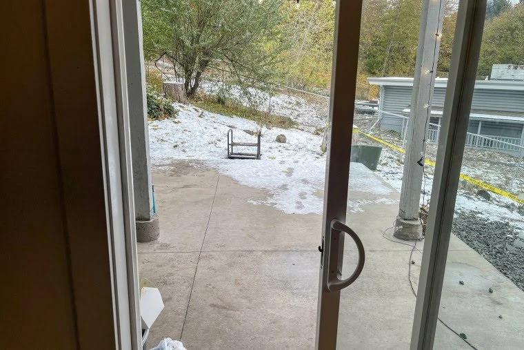 View through a sliding glass door toward a concrete patio, snow, trees and yellow tape outside.