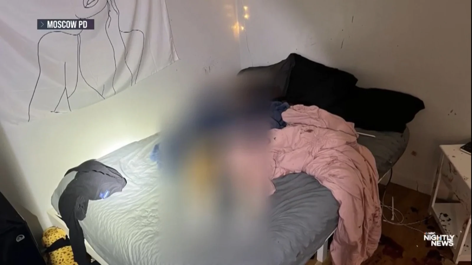 News image of a bed with gray bedding, black pillows, a pink blanket and a large blurred area.