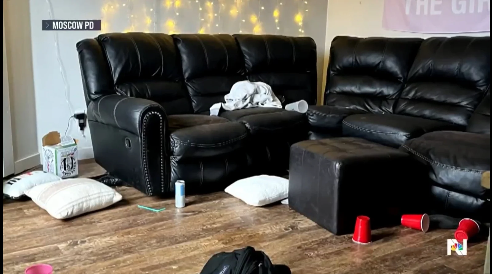 News image of black leather seating and an ottoman, with loose pillows, red cups and cans on the wood floor.
