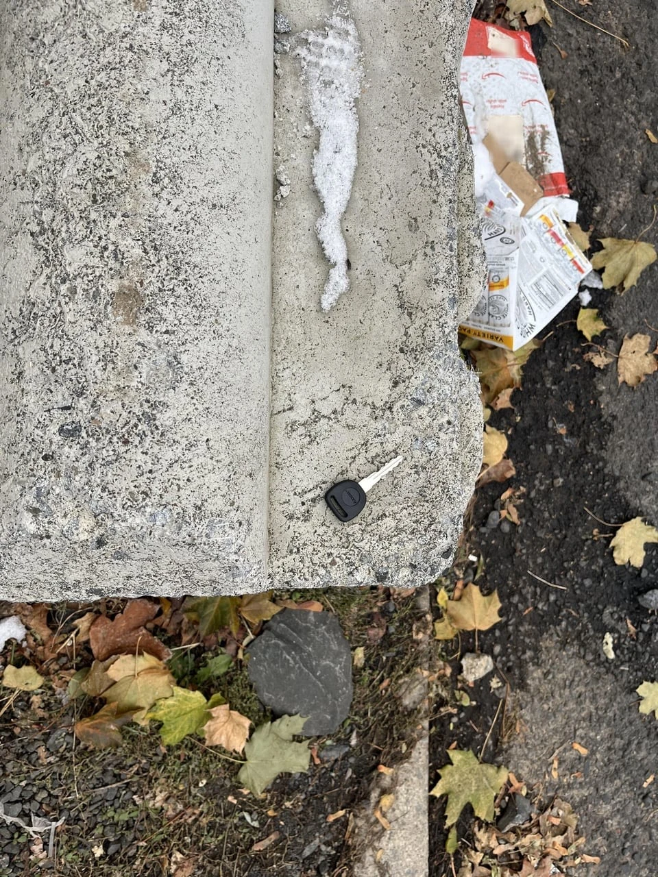 Small black-headed metal key on a concrete edge beside snow, leaves and a discarded food bag.
