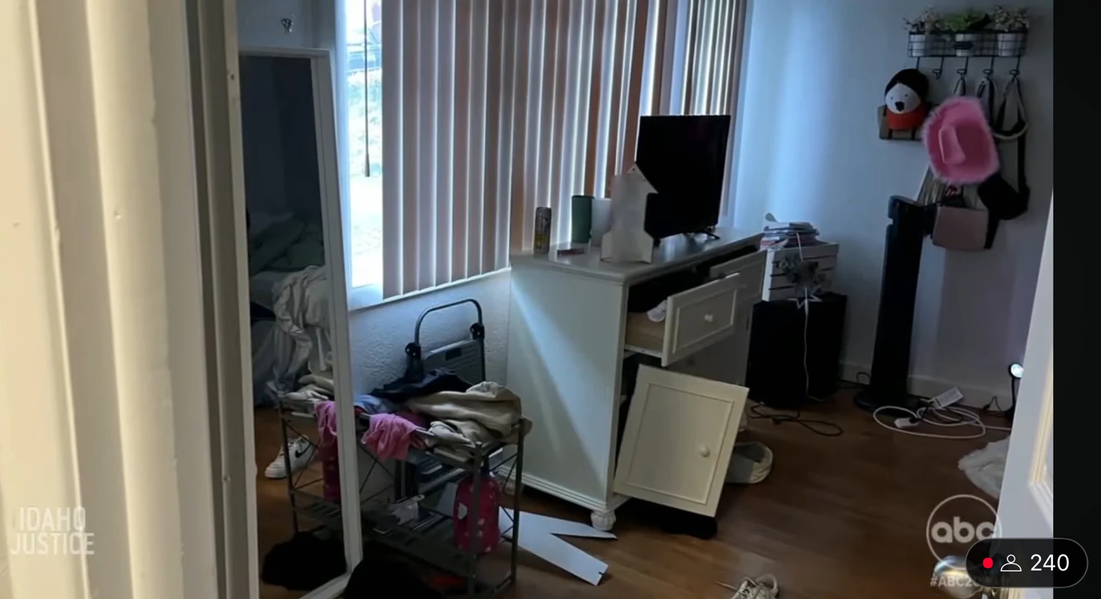 News screenshot of a bedroom corner with window blinds, a television on a cabinet, hats on hooks and scattered floor items.