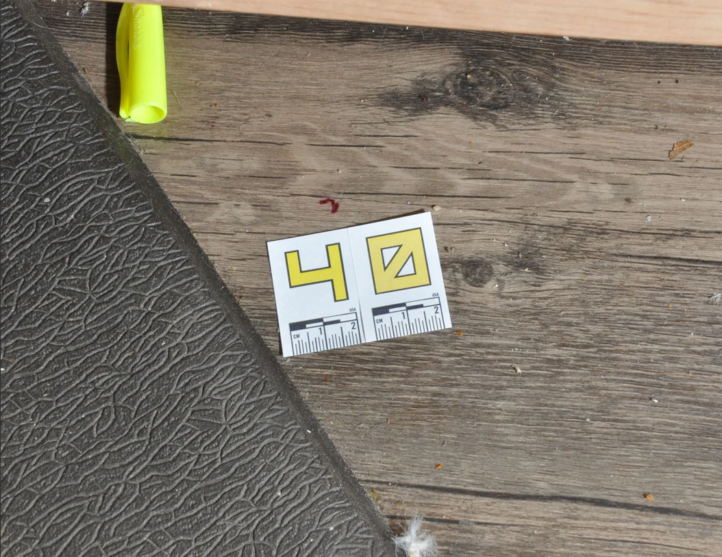 Small reddish mark on a wood-pattern floor beside a black textured mat and measuring marker 40.