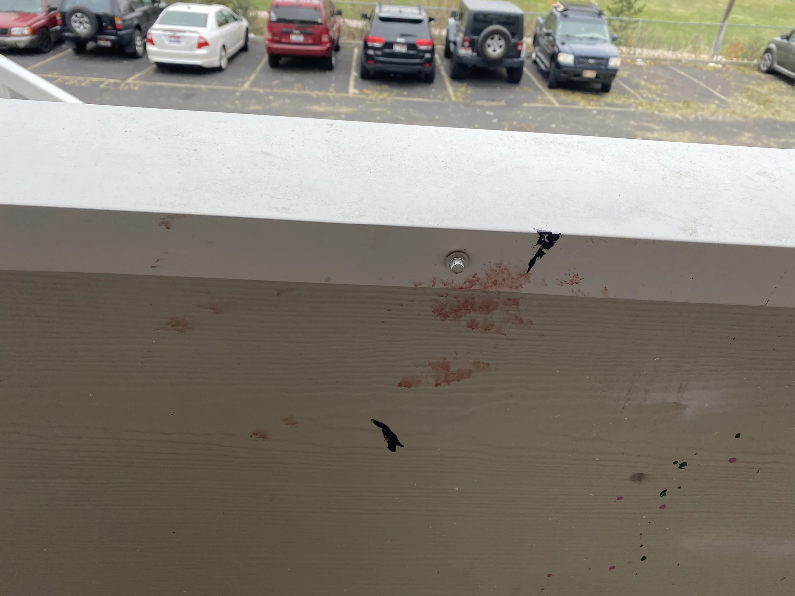 Reddish smears on a balcony railing beside small black markers and a metal screw head.