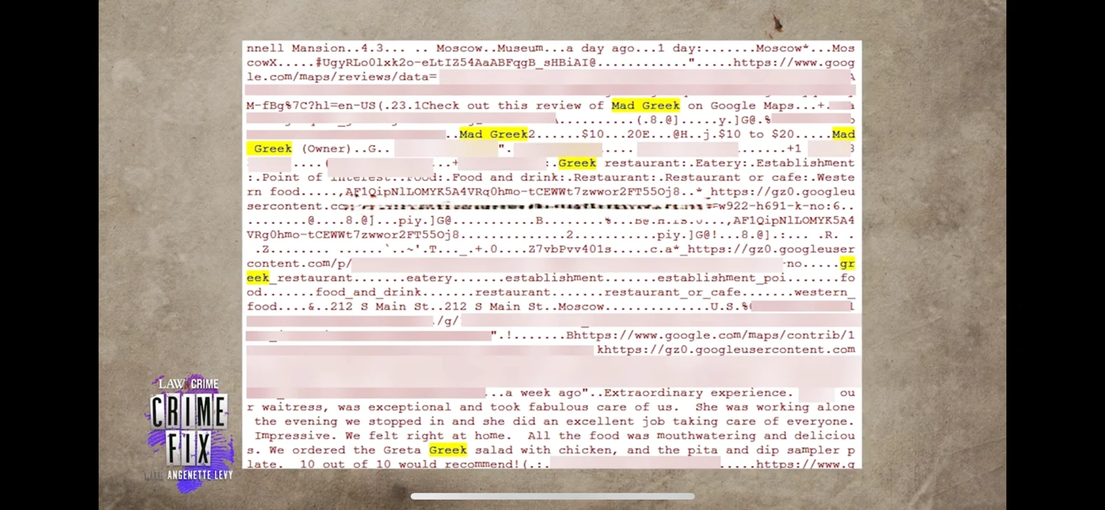 Screenshot of dense text and web links with yellow-highlighted Mad Greek references and a crime-channel watermark.