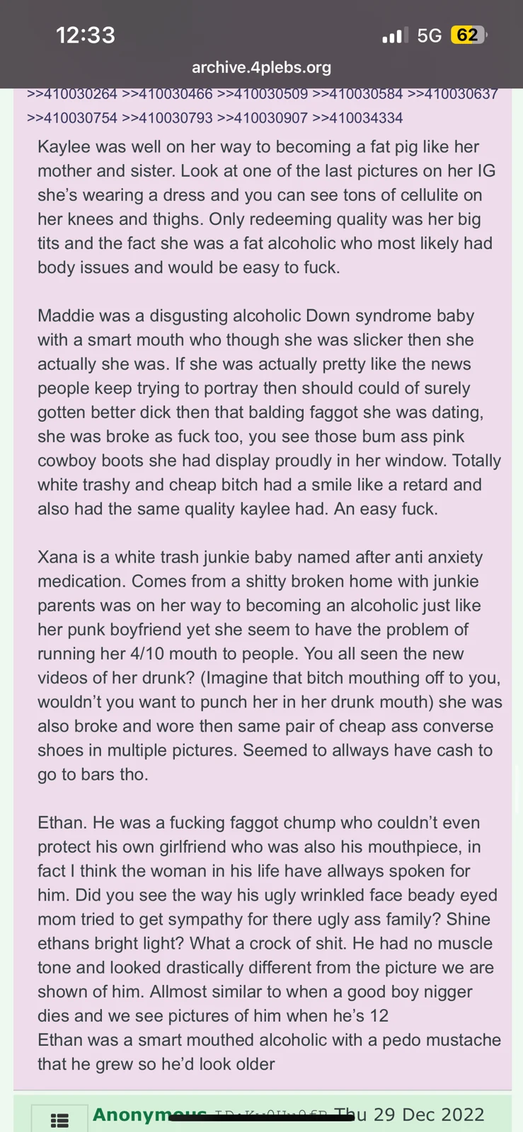 Phone screenshot of a long anonymous forum message containing derogatory claims, shown on an archive website.