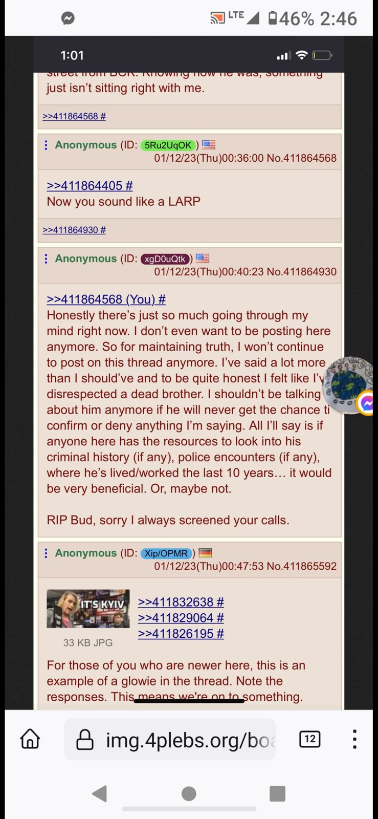 Phone screenshot of an anonymous discussion thread with colored reply boxes, timestamps and browser controls.