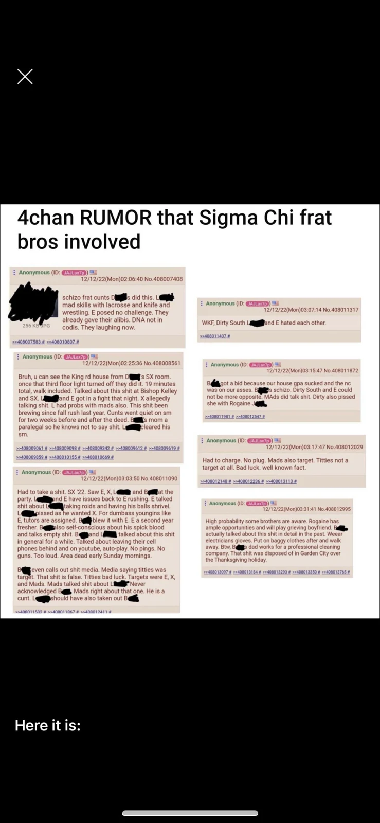 Phone screenshot of a collage of anonymous forum messages beneath a headline explicitly labeling a fraternity claim as a rumor.