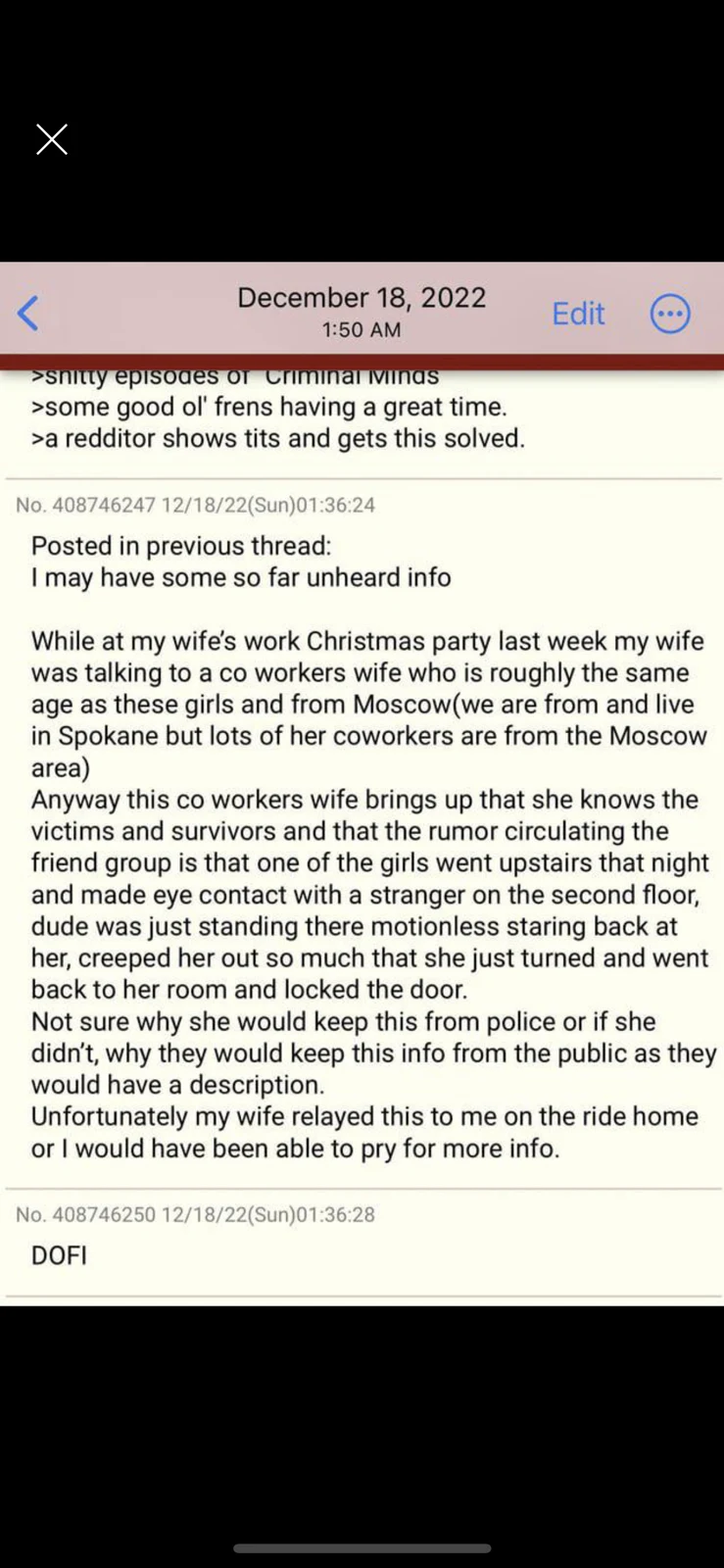 Phone photo-viewer screenshot of a long anonymous forum account of a purported conversation, with a date bar above.