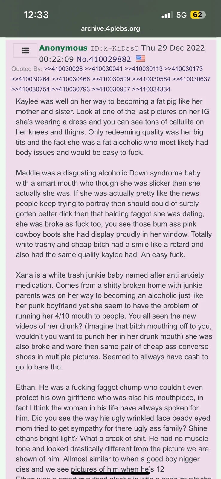 Tall phone screenshot of an anonymous forum message containing derogatory allegations and reply links.