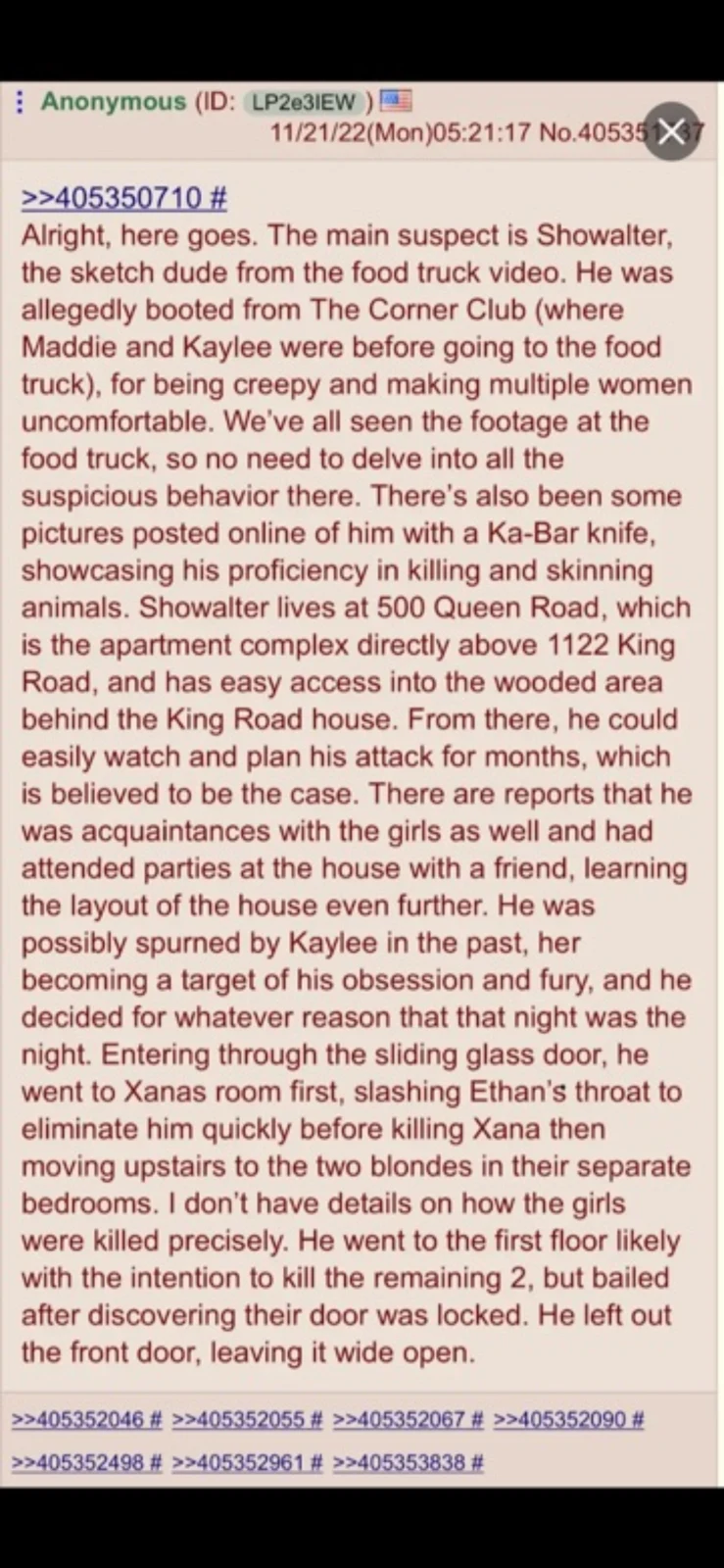 Phone screenshot of an anonymous forum post making an accusation, displayed as a long peach-colored text panel.