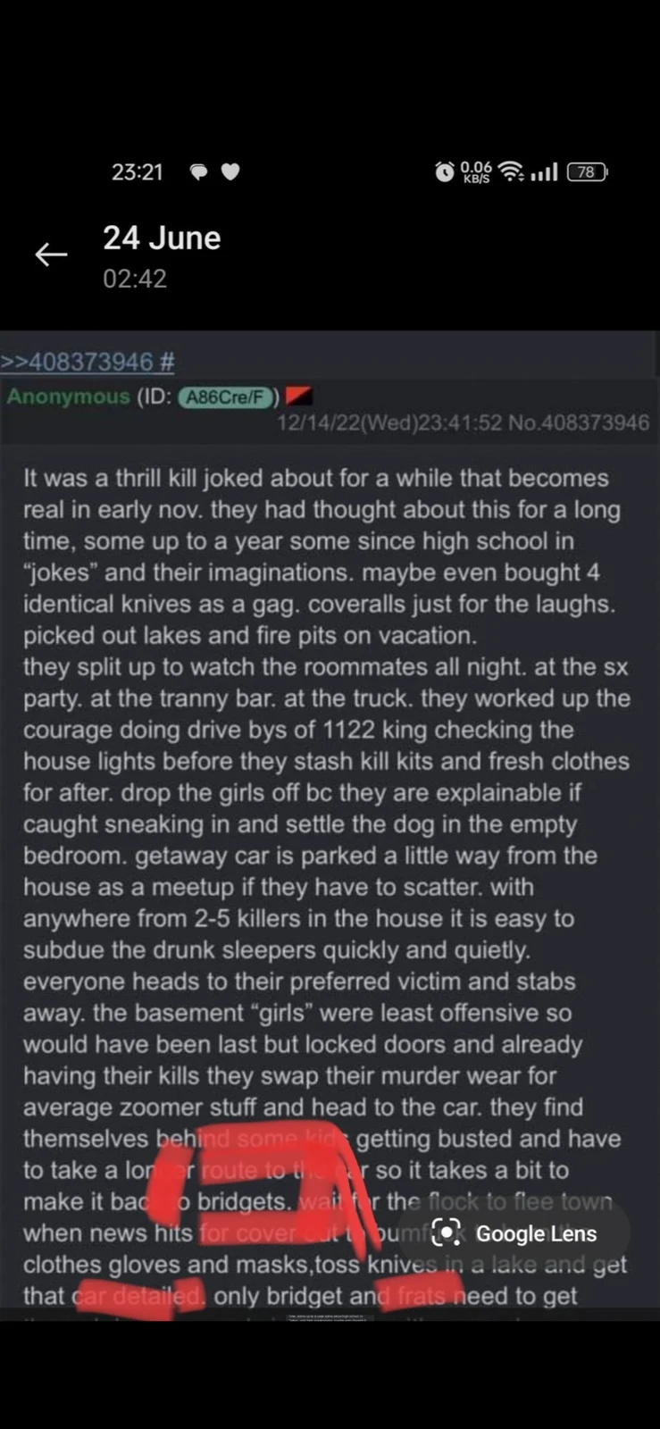 Phone gallery screenshot of a long anonymous forum narrative, with red markup near the bottom.