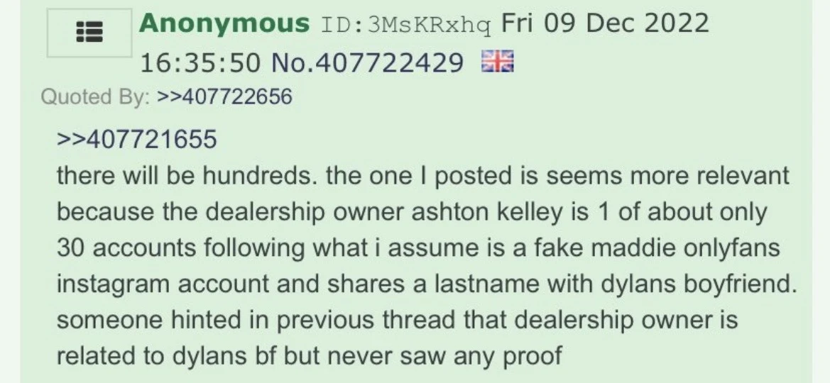 Green anonymous forum reply panel discussing social-media connections, with quoted post links and a timestamp.