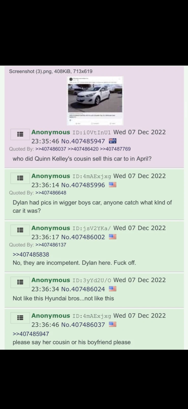 Tall forum screenshot with a small white-car photograph above several green anonymous reply panels.