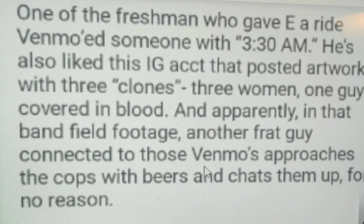 Close crop of text discussing a payment-app entry, social-media artwork and police footage as speculative connections.