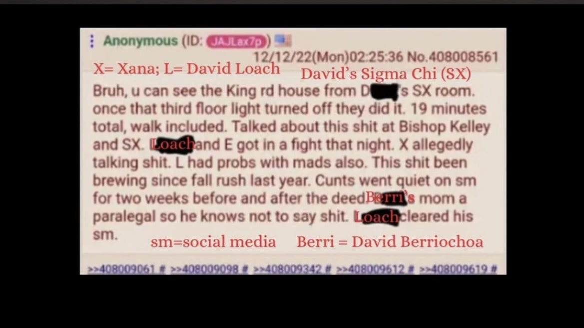 Anonymous forum post with red editorial name annotations and black marks covering parts of the text.