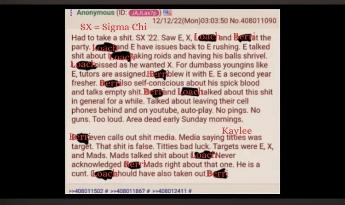 Long anonymous forum message with red editorial annotations and black obscured text segments.