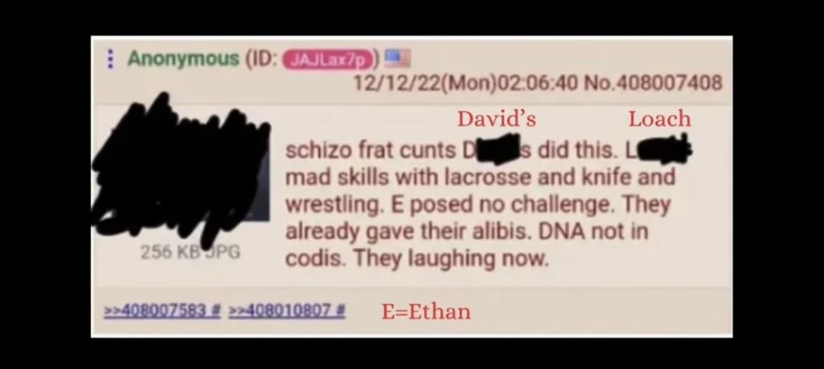 Short anonymous forum accusation with red annotations and blacked-out image and text areas.