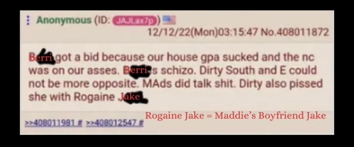 Anonymous forum message with red editorial annotations and several black-obscured name fragments.