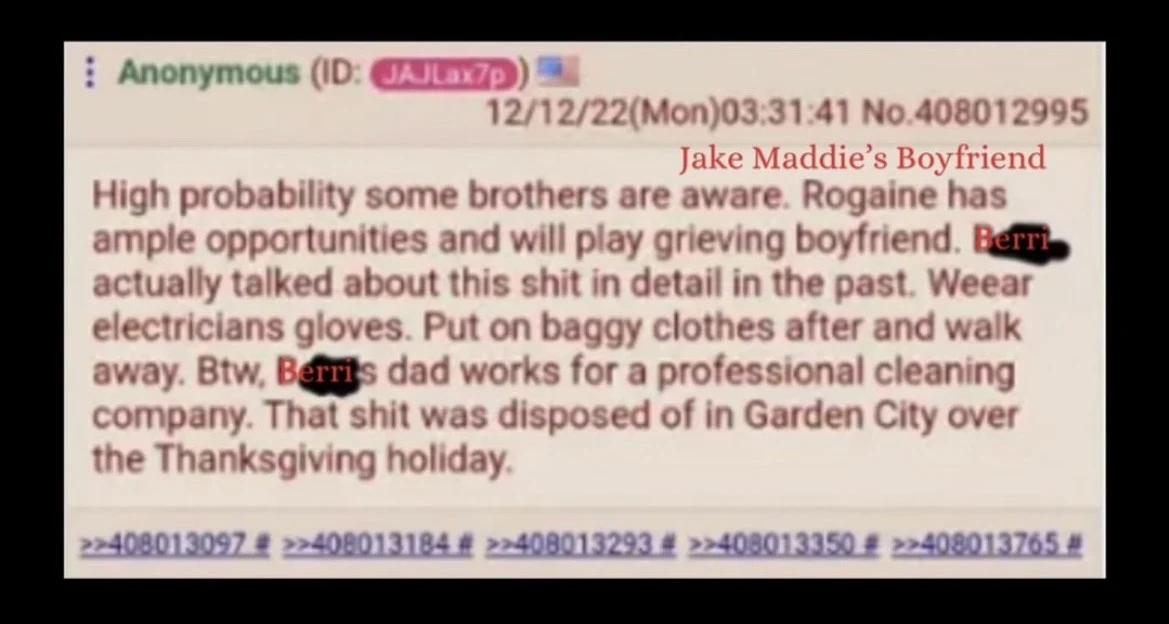 Anonymous forum allegation displayed with red editorial labels and linked reply numbers.