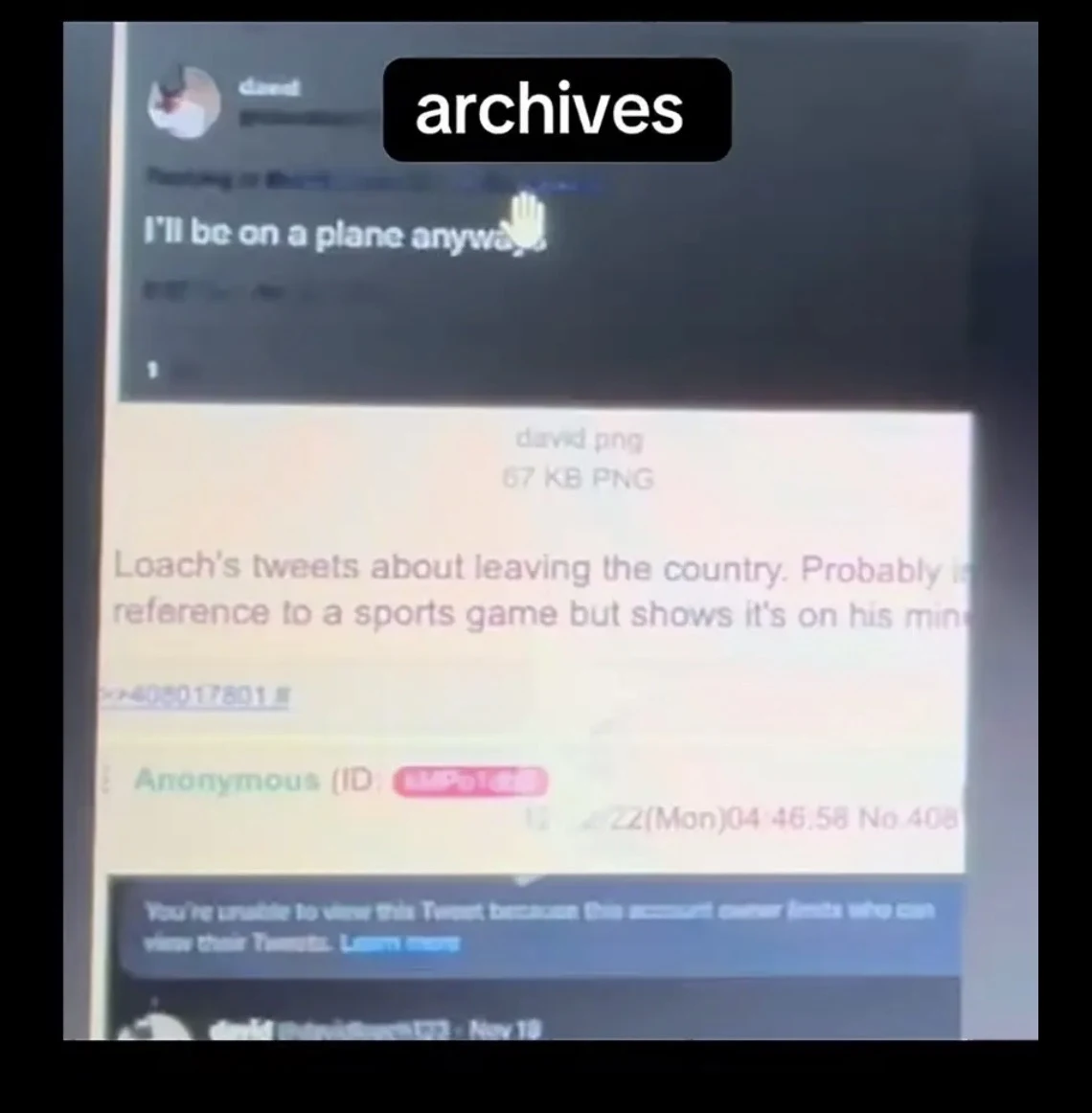 Blurry screenshot combining a social-media post, anonymous forum commentary and an archives label.