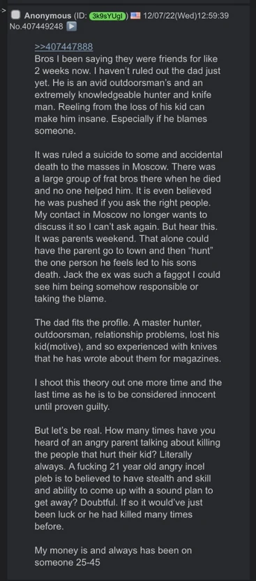 Tall dark-background anonymous forum message presenting speculative claims in white text.