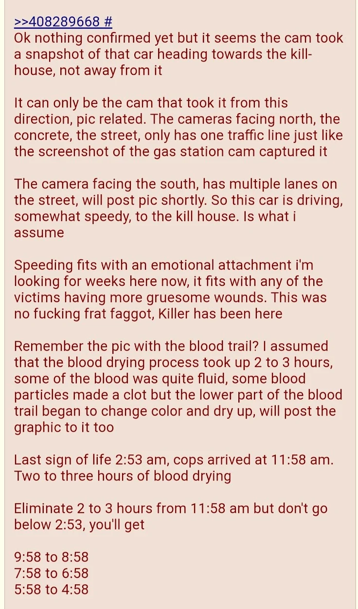 Tall peach-colored forum text panel speculating about vehicle footage and timing, with a list of times at the bottom.
