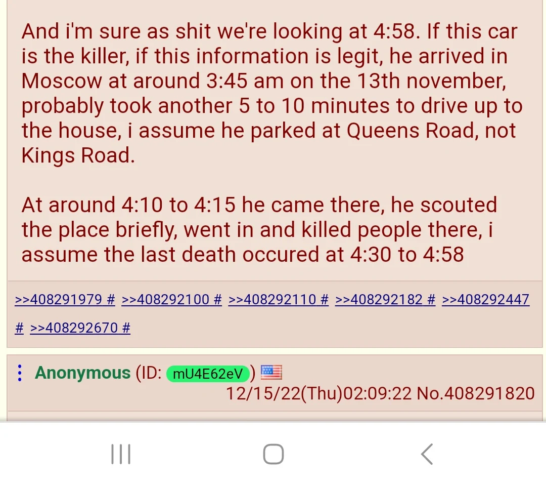 Anonymous forum screenshot speculating about a vehicle route and timeline, with linked reply numbers and phone controls.
