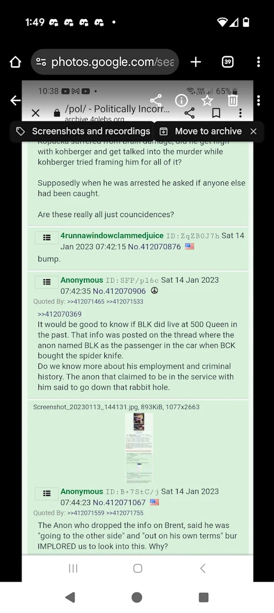 Phone photo-viewer screenshot of a green anonymous discussion thread with a small attached image and multiple replies.