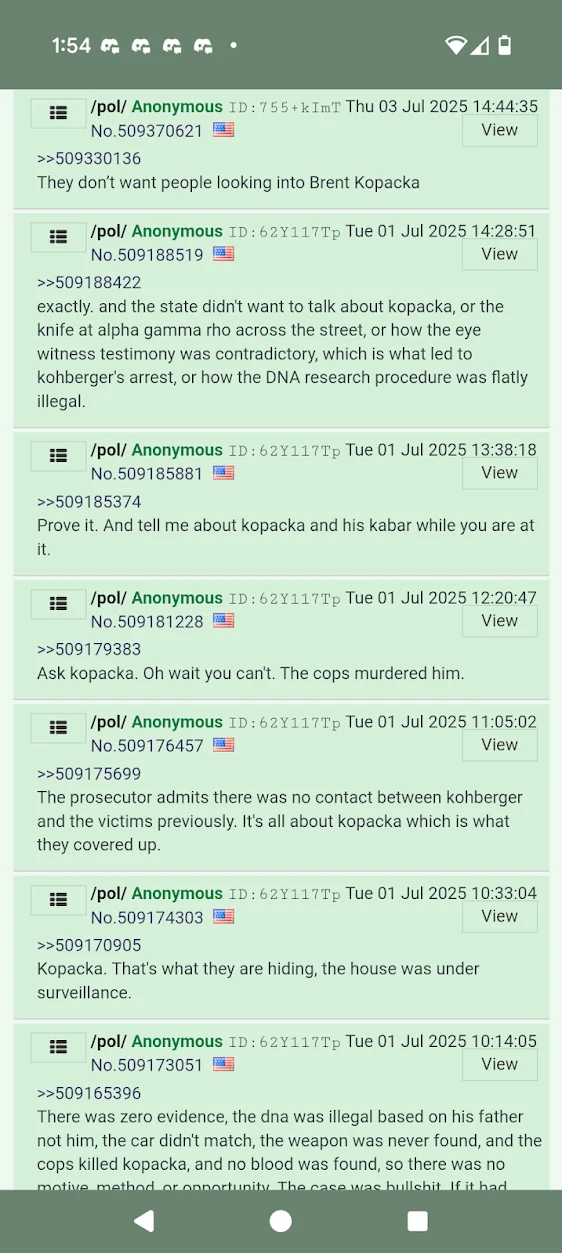 Tall phone screenshot of multiple green anonymous forum replies with quoted links and timestamps.