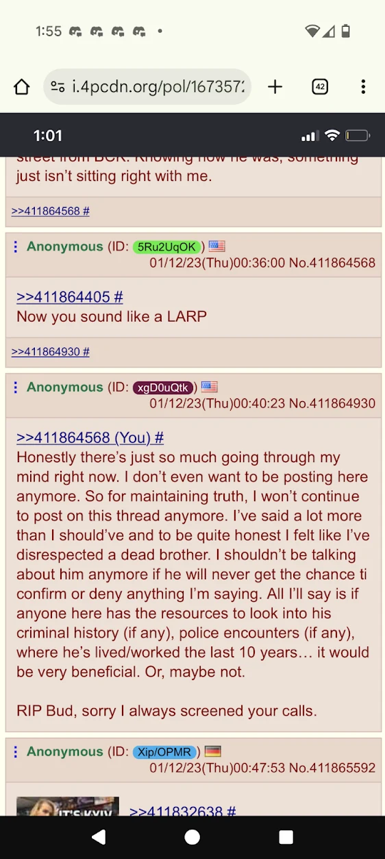 Phone browser screenshot of peach-colored anonymous forum replies discussing a purported personal account.