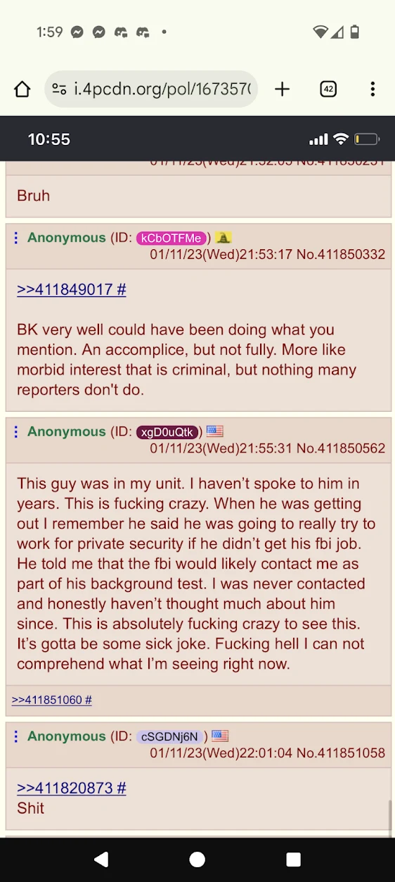 Phone browser screenshot of an anonymous discussion with several peach-colored reply panels and timestamps.
