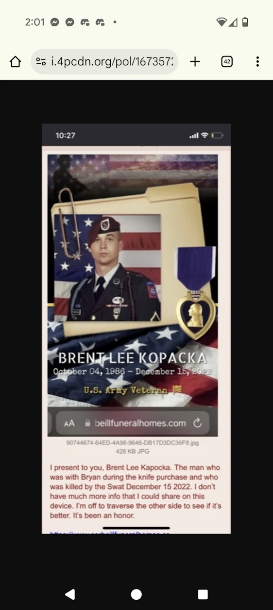 Phone screenshot containing a memorial graphic with a uniformed portrait, flag and medal, above anonymous forum commentary.