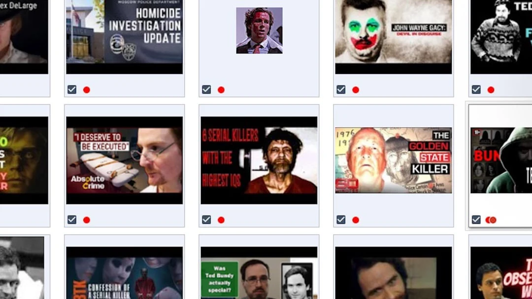 Grid of crime-video thumbnails showing portraits, a clown face, headline text and selection checkboxes.