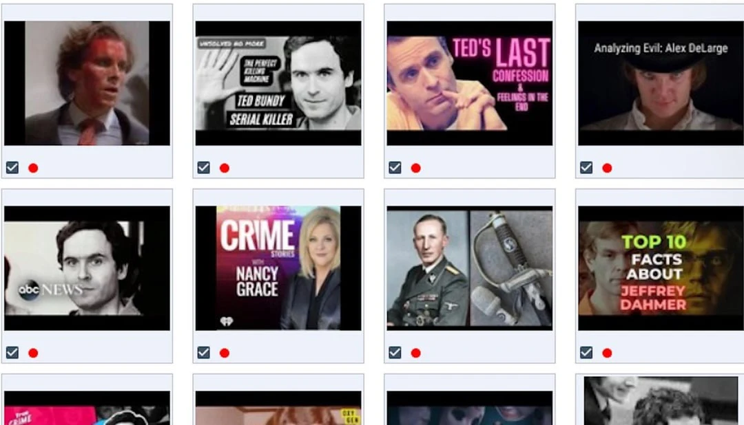 Grid of crime-video thumbnails with portraits, headline text, checkboxes and small red status dots.