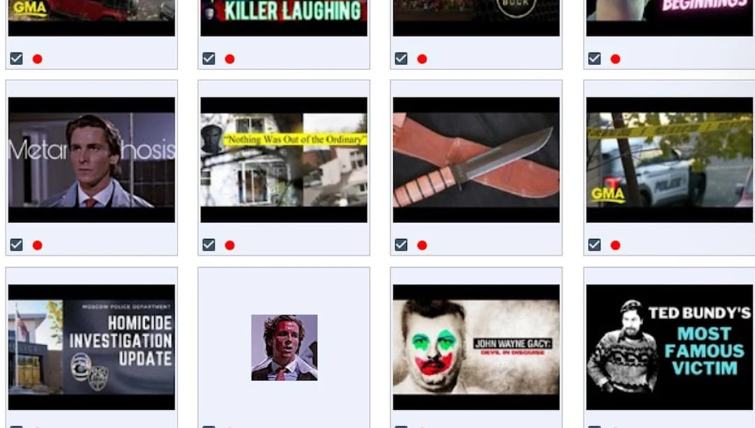 Grid of crime-video thumbnails including a knife photograph, police vehicle, portraits and a homicide-update graphic.