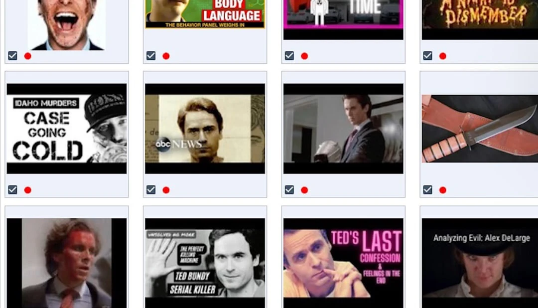 Grid of crime-video thumbnails featuring portraits, a knife and a case-going-cold headline.