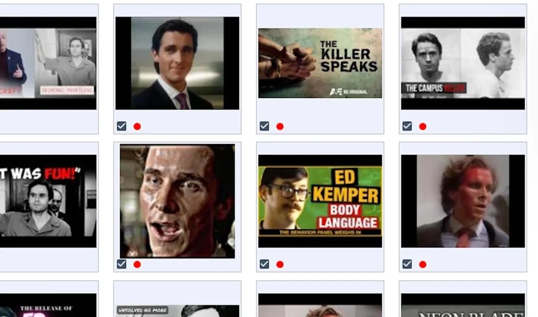 Grid of crime-video thumbnails with portrait photographs, body-language headlines and selection checkboxes.